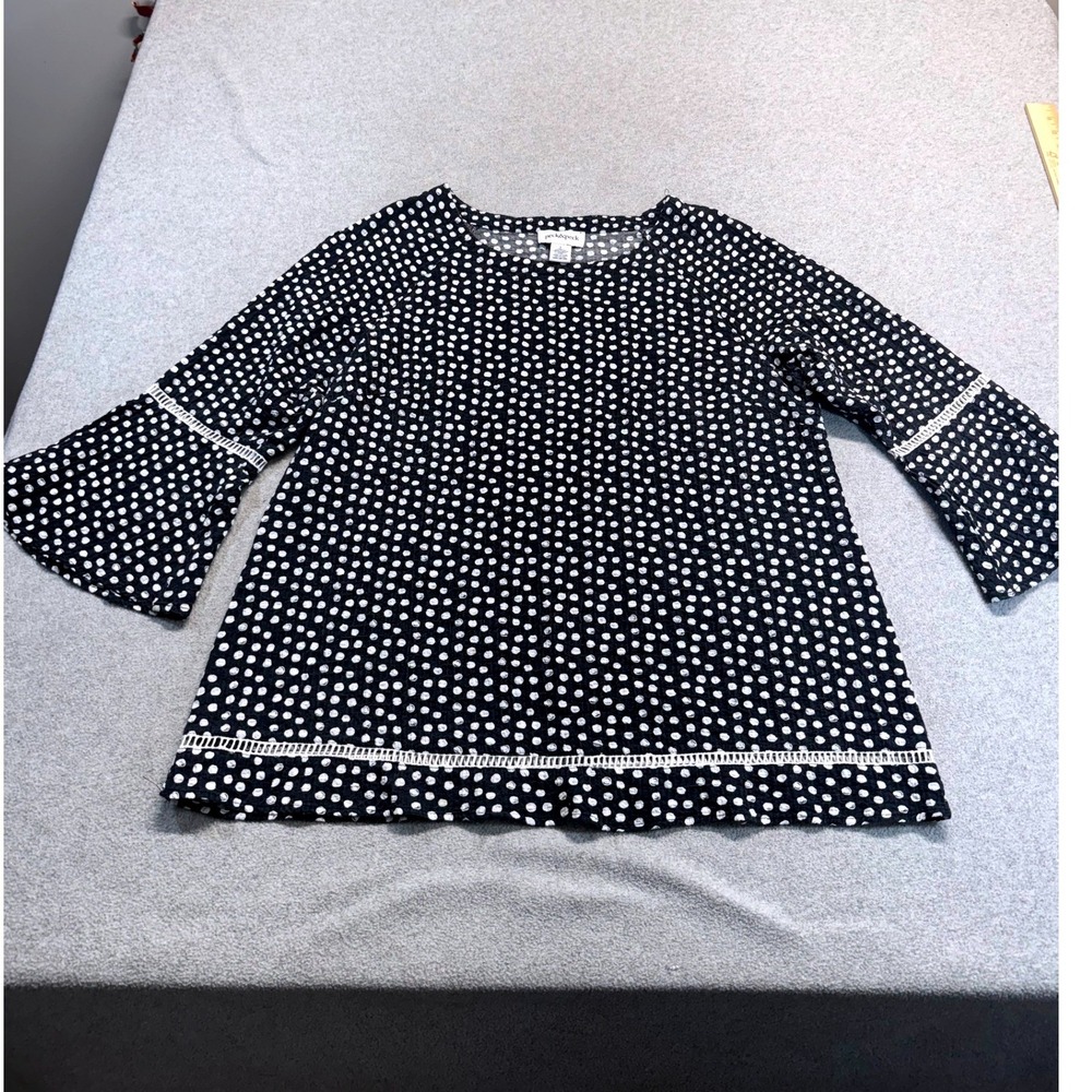 Peck & Peck Blouse Womens Large Black White Polka‎ Dot Bell Sleeve Lace Trim